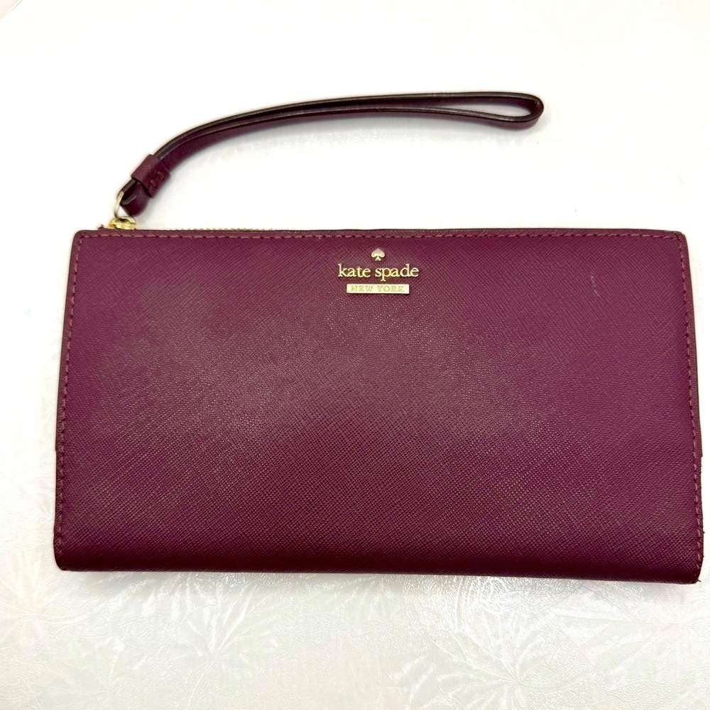 Kate Spade Women's Burgundy Leather Wristlet Wallet Striped Logo